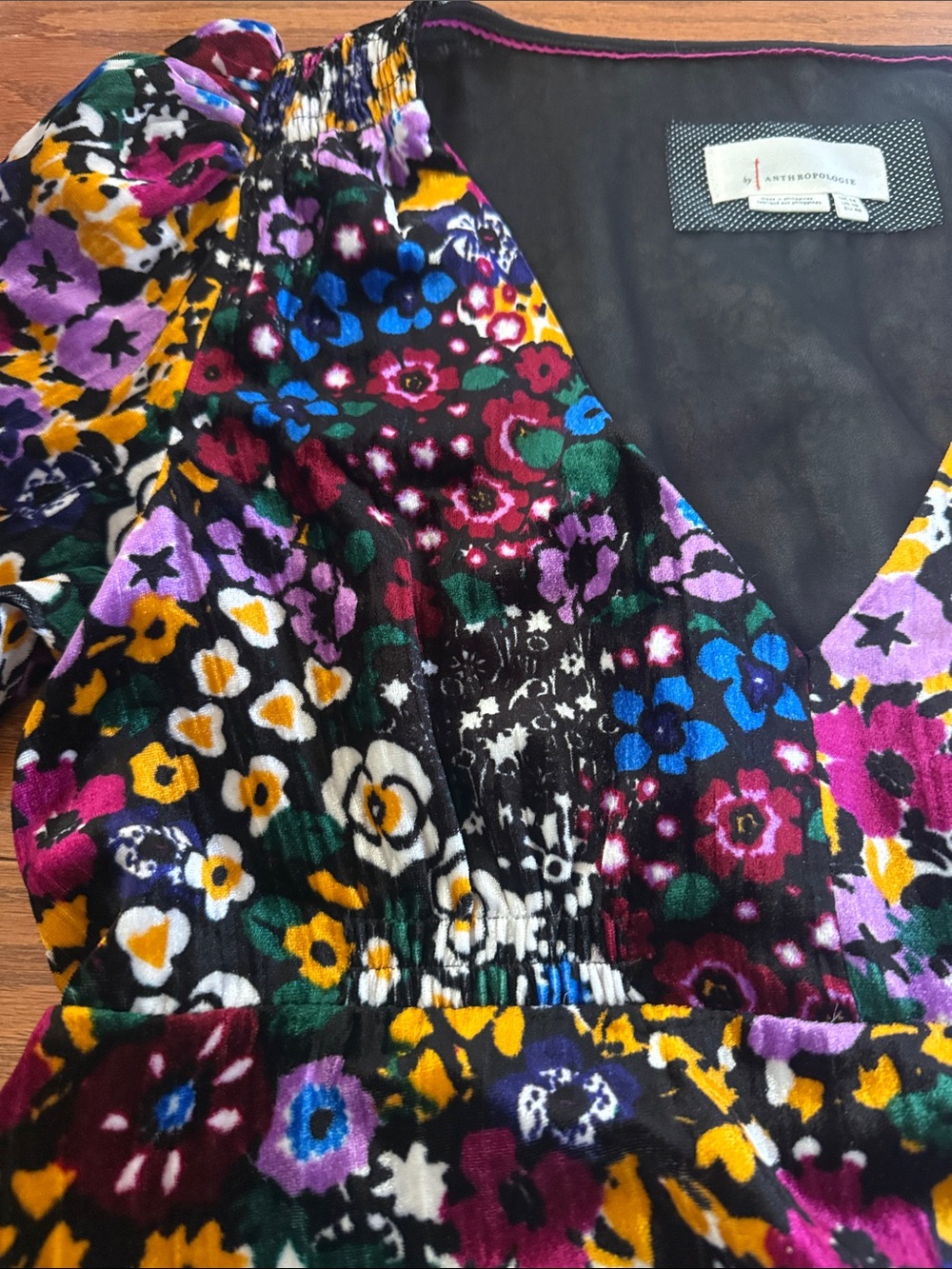 Anthropologie Francis floral velvet puff sleeve a-line dress - Picture 12 of 13